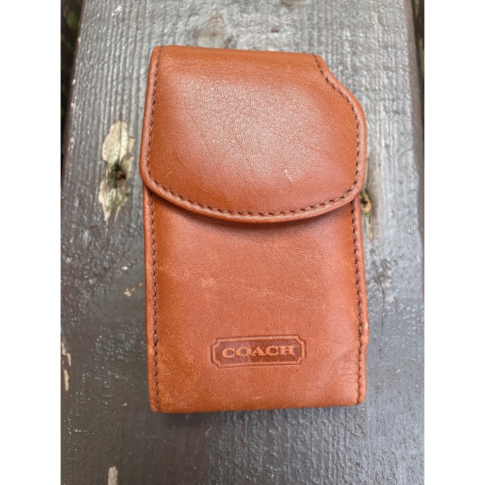 Coach Vintage Brown Leather Flip Phone Case Tech Accessory Brass D-Ring
